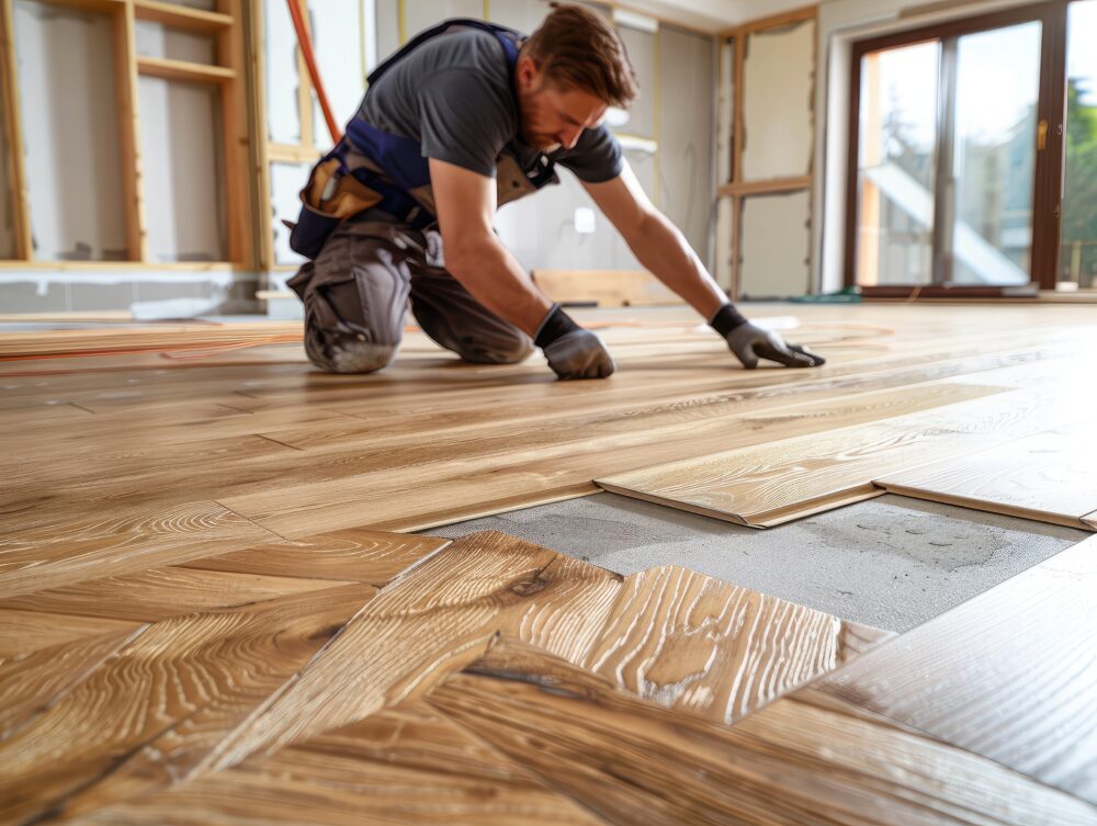 Construction worker fitting wooden planks for new flooring in a modern, sunlit room with large windows.