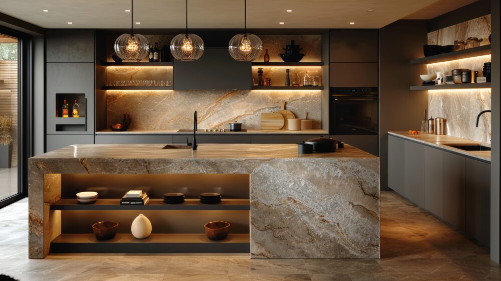 Modern kitchen interior with elegant stone island and ambient lighting
